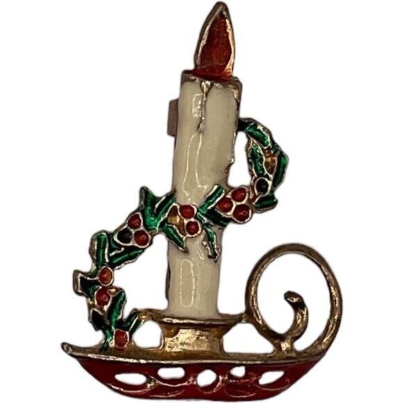 Vintage Gold Tone Candle & Holly Christmas Brooch Pin - Picture 3 of 4